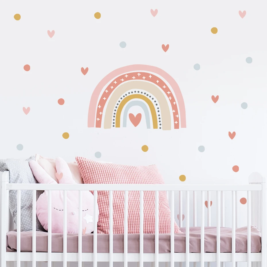 Rainbow Trendy Boho Pink Blue Sweet Hearts Wall Decals Nursery Girls Bedroom Decor Art Sticker Mural Baby Room Home Decoration