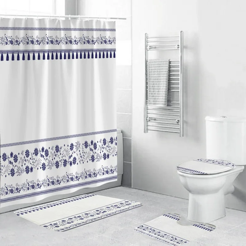 

DIY Digital Print 4 Piece Shower Curtain Set Simple 3D Polyester Waterproof Bathroom Bath Shower Liner Decor