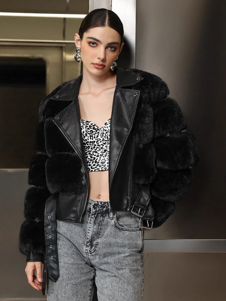 Notched Collar Faux Fur Coat Zipper Short Black Plush Coat Warm Thick Leather and Fur Faux Fox Furry Jacket Fluffy Luxury Street