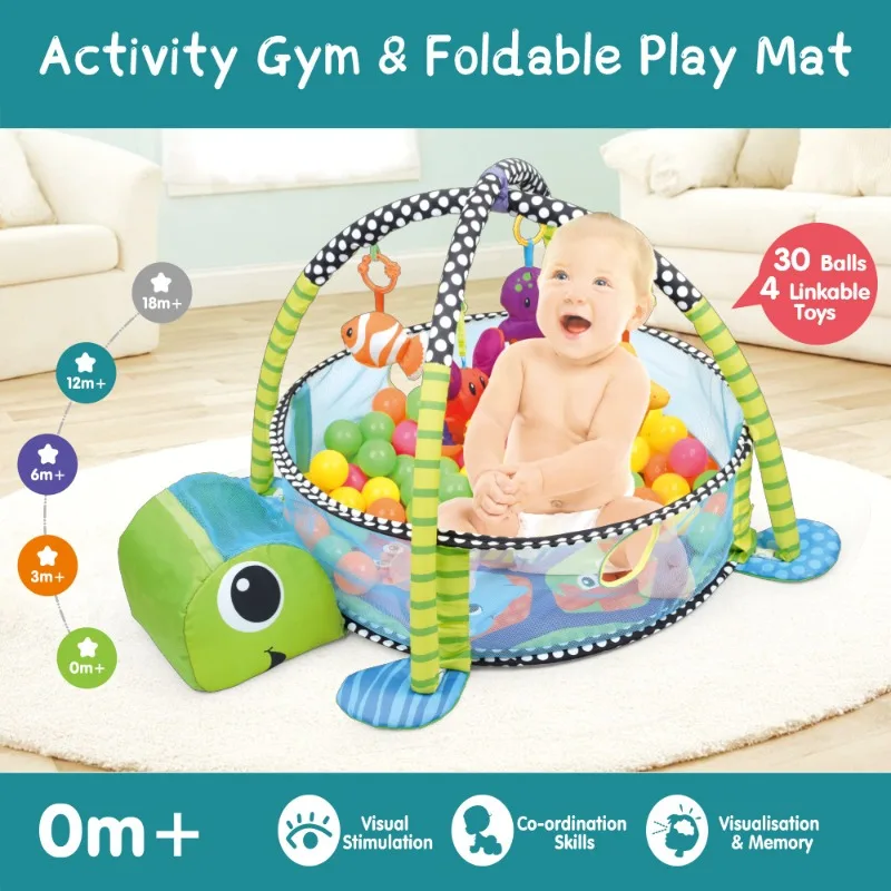 سجادة لياقة بدنية للأطفال 3 في 1 مجهزة بـ 18 كرة سجادة زحف على شكل حيوانات كرتونية مع حوض سباحة على شكل كرة أوشن، مركز أنشطة اللعب التعليمي #1