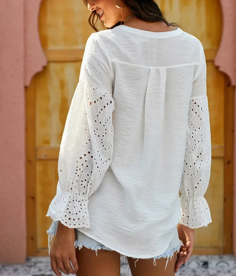 TEELYNN White Long Sleeve Lace Blouses Shirt Women Oversize Loose V Neck Boho Autumn Blouse Femme Boho Tops Ladies Blusas