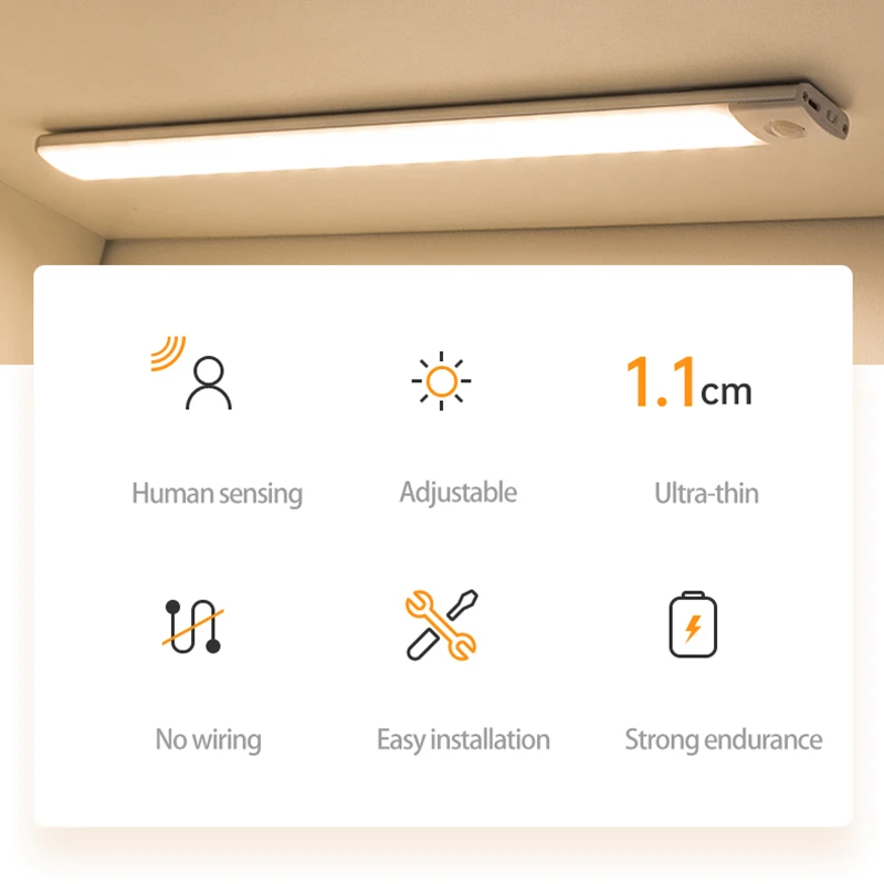 رقيقة جدا LED ضوء الليل ، استشعار الحركة ، USB قابلة للشحن ، مصباح الإضاءة ، تحت خزانة ، خزانة ، المطبخ