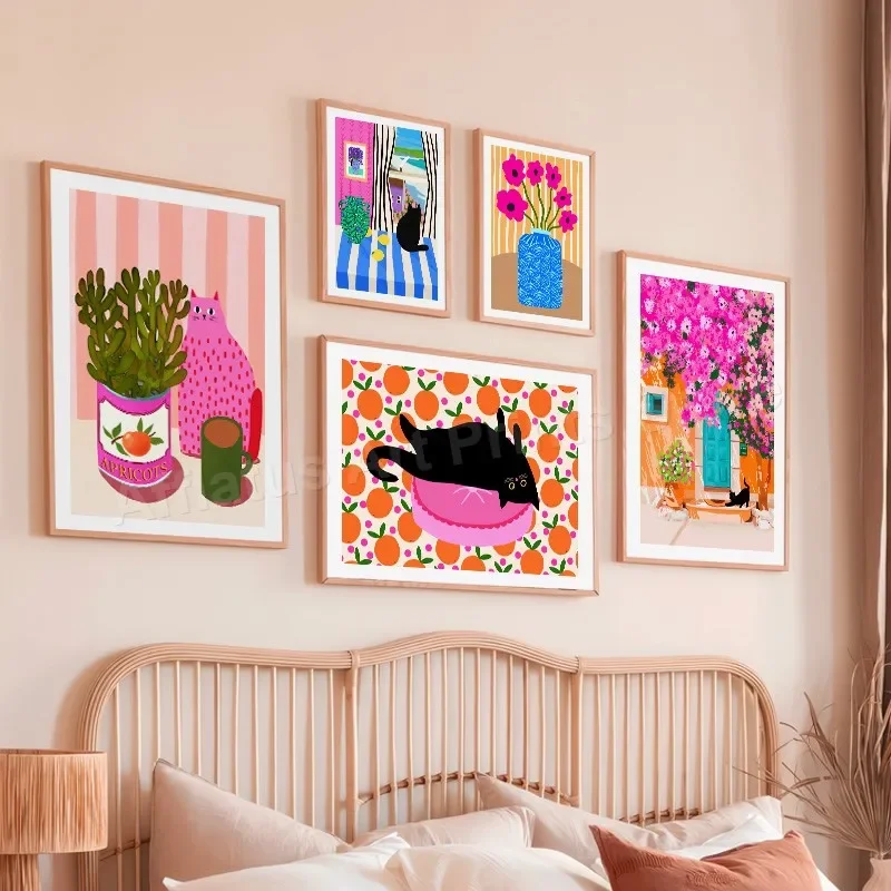 

Abstract Colorful Flowers Vase Black Cat Poppy Orange Paris Pastel Posters Of Wall Art Canvas Prints Pictures Living Room Decor
