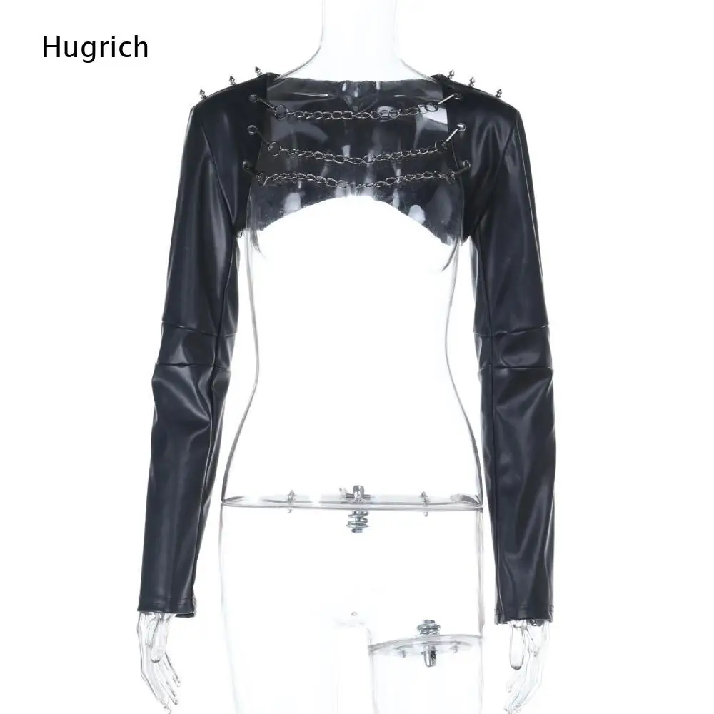 Streetwear Gothic PU-Leder Bolero Shrug Langarm Nieten Spike Schulter Mehrfach-Ketten Cutout Crop-Top