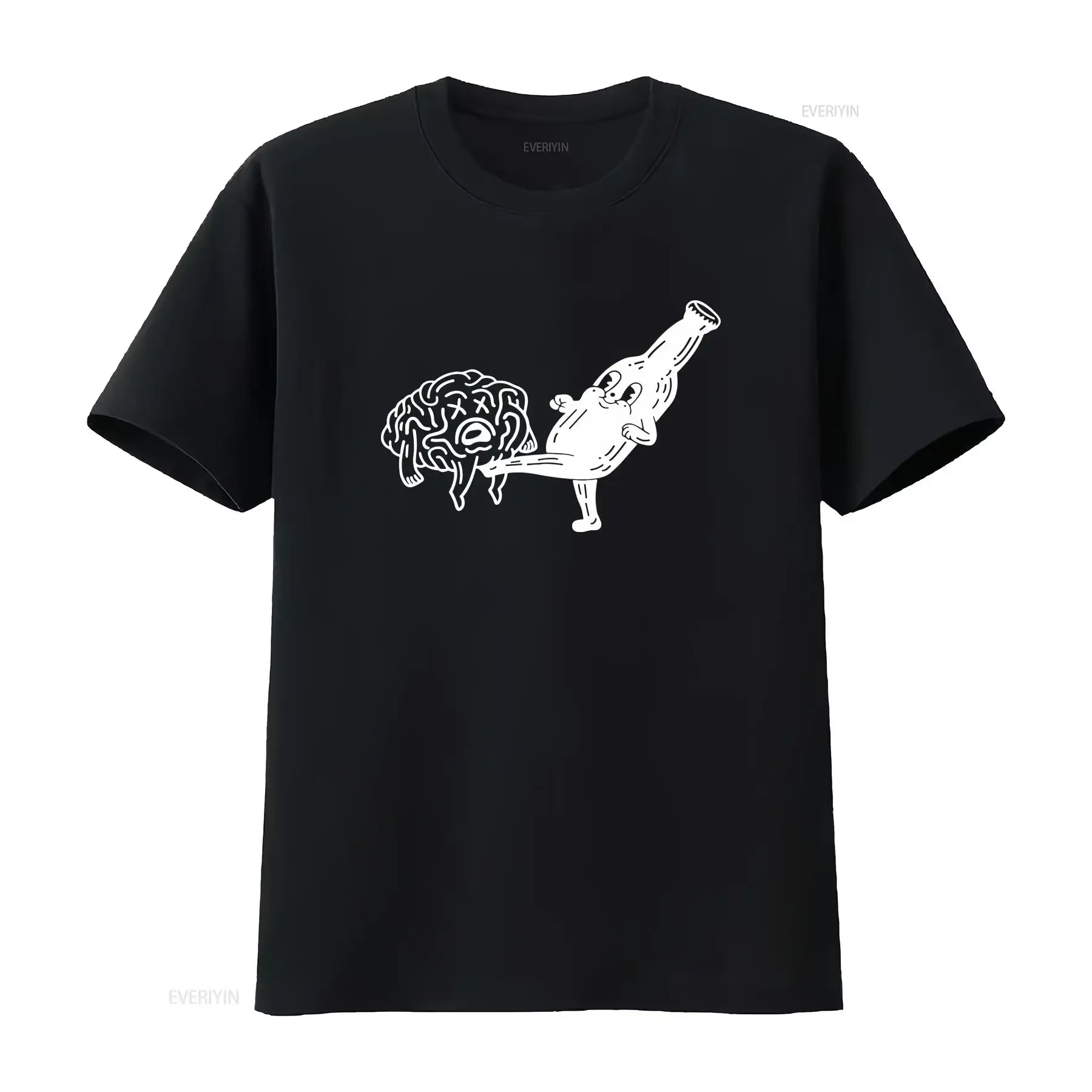 Smiling Beer Bottle Kicking Brain T Shirt  vintage Washed designer clothes fashion Top For Everyday Wear Comfortable graphic
