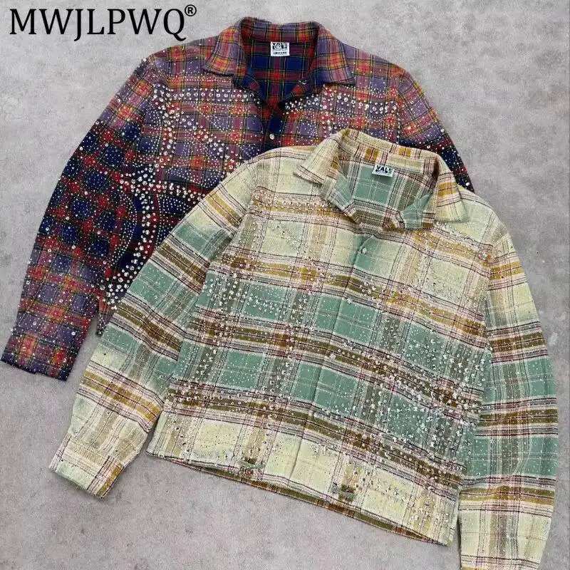 MWJLPWQ American Rhinestone-Embellished Long-Sleeve Shirt Men's Tide Ins Street Hip-Hop Rap Plaid Loose Shirt 2026 Autumn 17508