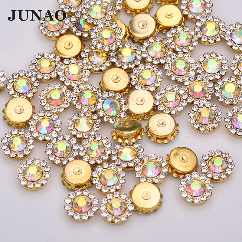 JUNAO 8 10 12mm Crystal AB Color Sewing Sun Flower Rhinestones Glass Claw Strass Gold Base Applique For Jewelry Accessories
