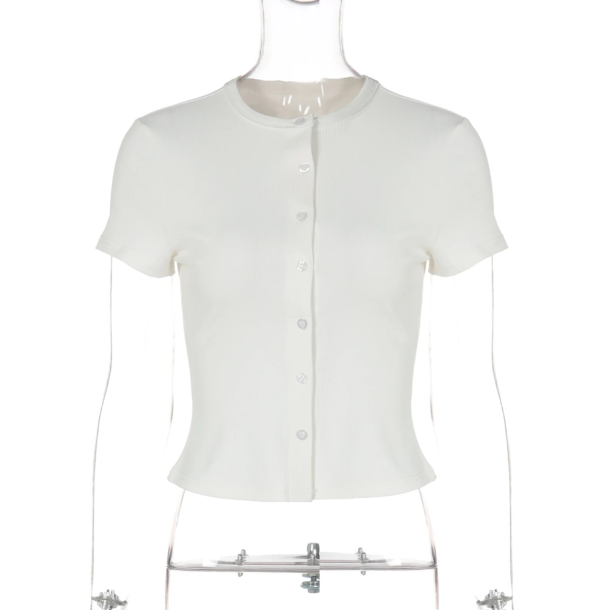 Hugcitar Fashion Solid O Neck Short Sleeve Buttons Sexy Slim Crop T-Shirt Top Summer Casual Women Clothes Streetwear Party
