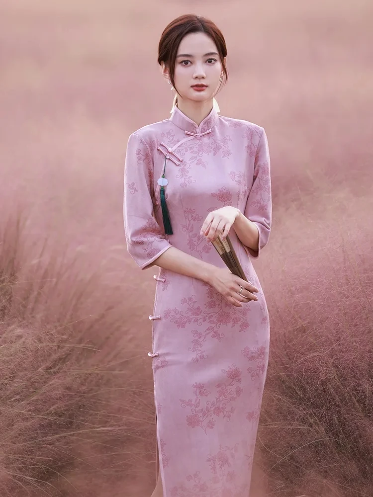 

Spring elegance Asian Dress Pink Cheongsam Women Slim Chinese Style Dress Vintage Fashion Modern Improve Young Girls Qipao