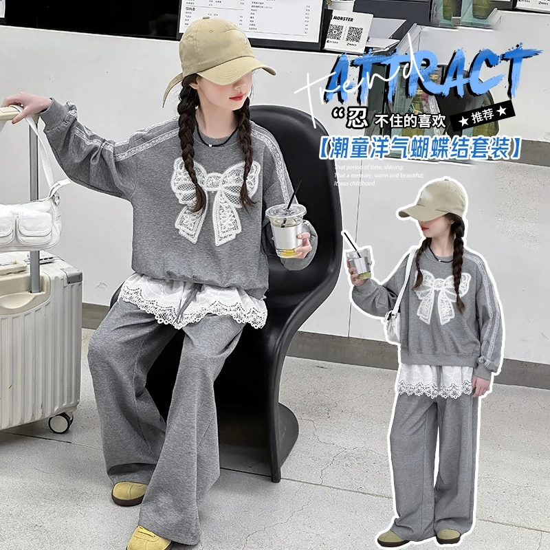 Girls Fall 2 Piece Outfits Lace Bow Embroidery Sweatshirt Wide Leg Pants Set Kids Casual Tracksuit 6-14Y