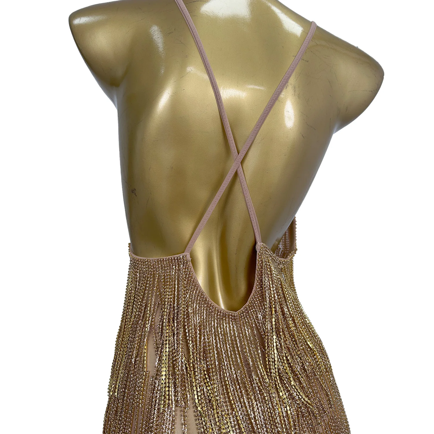Robe Camisole à franges dorées scintillantes, Sexy, dos nu, robe de spectacle de danse latine, boîte de nuit, robe de soirée de vacances, tiaoyuanxiao