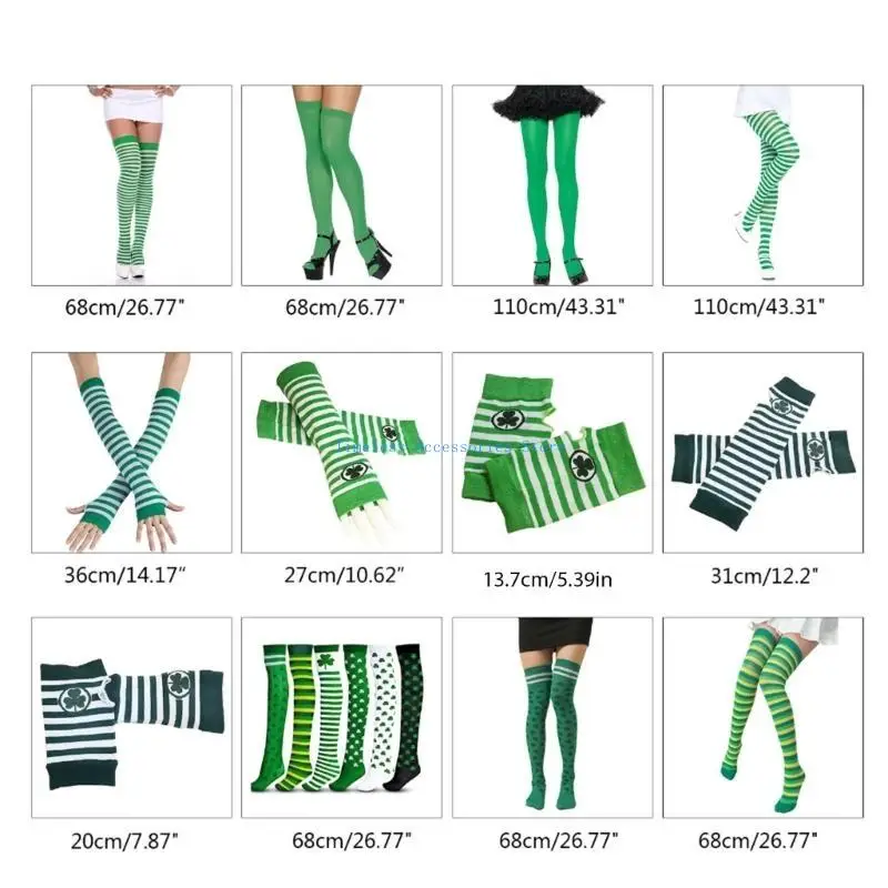 97QE St. Patricks Day Oberschenkelhohe Socken Strumpfhosen Armstulpen Weiß Grün Streifen Kleeblatt Kleeblatt Print Irisches