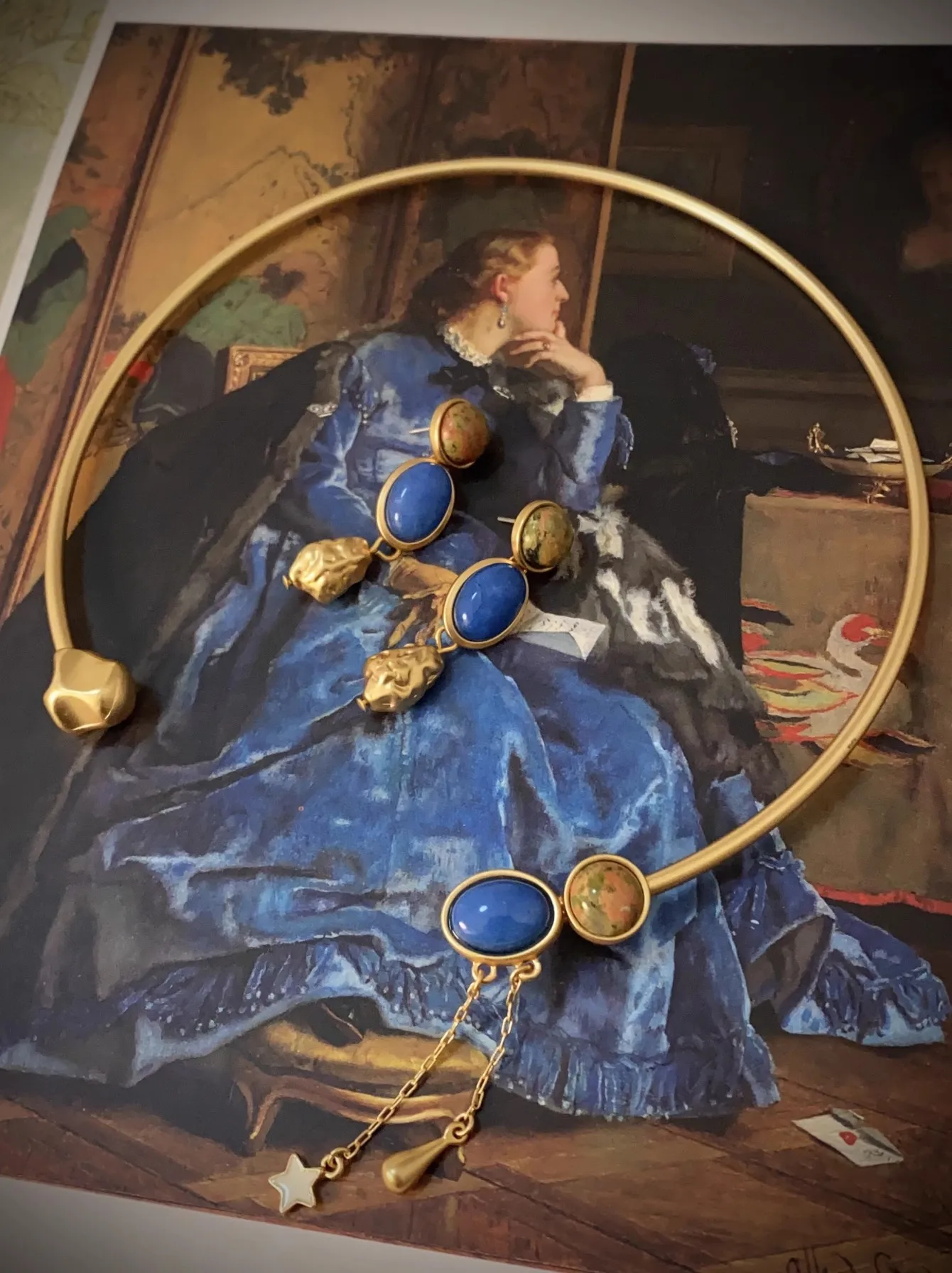 

Lapis lazuli vintage necklace earrings set jewelry Simple and luxurious summer new long drop ear accessory