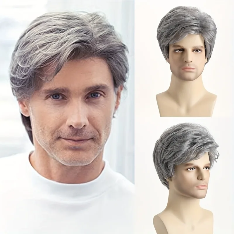 

Мужской серый разноцветный синтетический парик из химического волокна, подходящий для повседневного ношения, аксессуары для париков на Рождество и Хэллоуин.