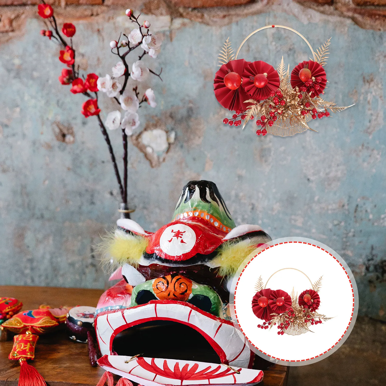 

Искусственная гирлянда-венок в китайском стиле, 1 шт., для новогоднего декора дома, праздничный цветочный подвес, украшение для двери