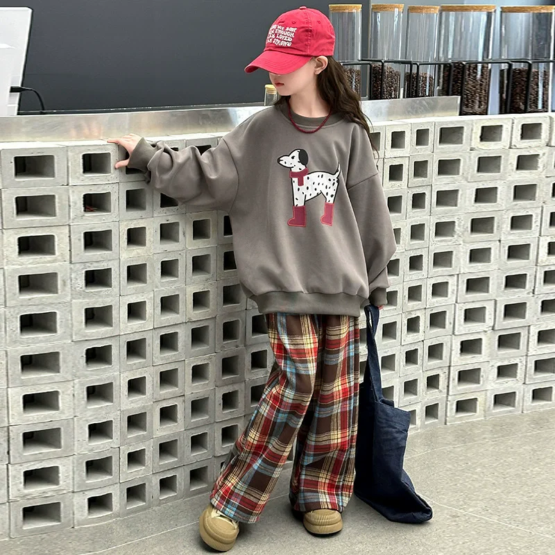 Spring Autumn Girls Loose Gray Dog Printed Sweatshirt+Plaid Wide-Leg Pant Sets School Kids 2PCS Tracksuit Children Outfit