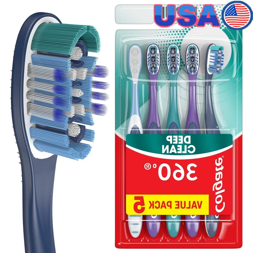 

360 Whole Mouth Clean Adult Manual Toothbrush Pack of 5 Medium Bristles Polishing Cups Cheek Tongue Cleaner Removes Plaque