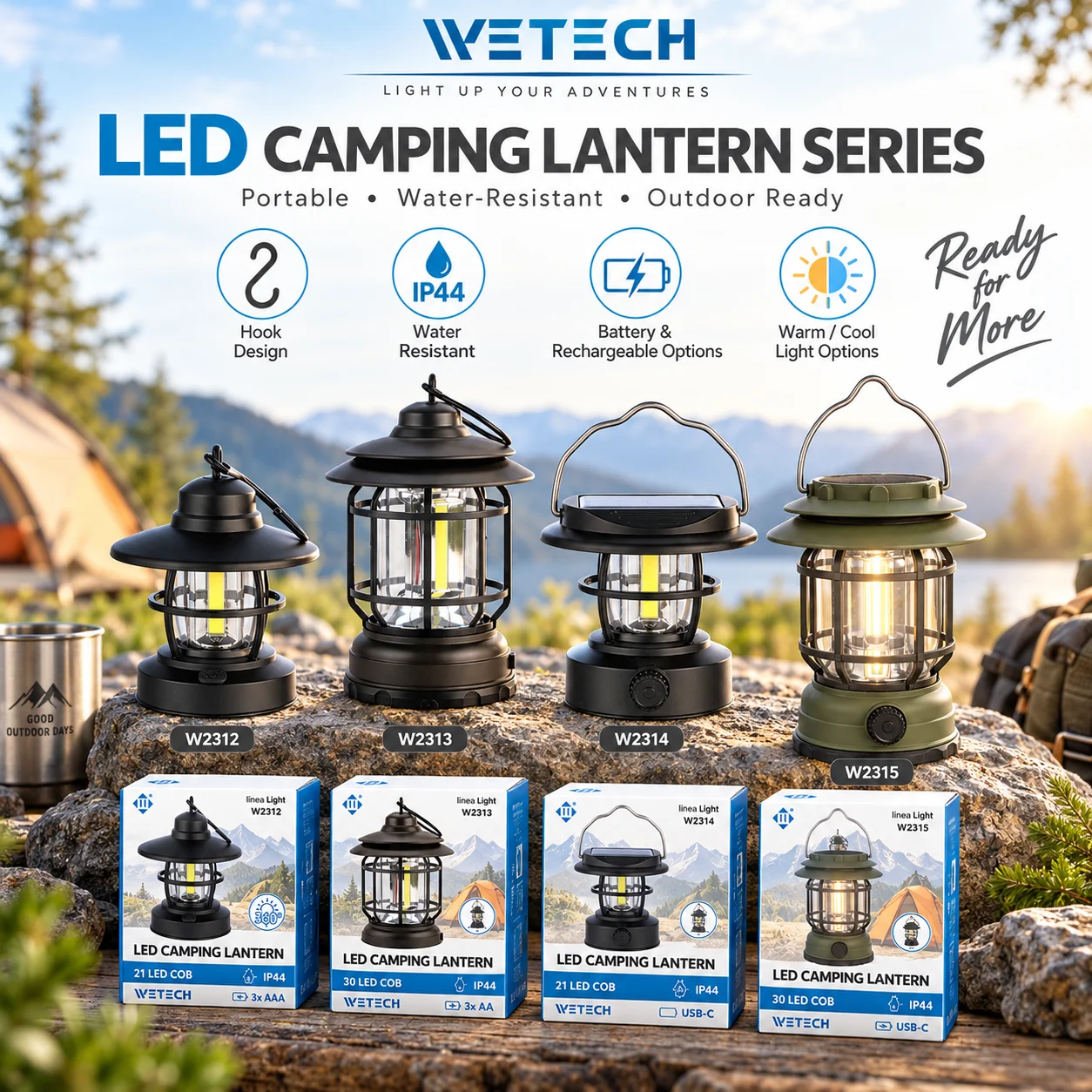 Lanterna da campeggio a LED in stile retrò WETECH, lampada da esterno resistente all’acqua (IP44), ideale per tende, con gancio integrato, alimentazione a batteria e ricarica tramite USB-C, luce a