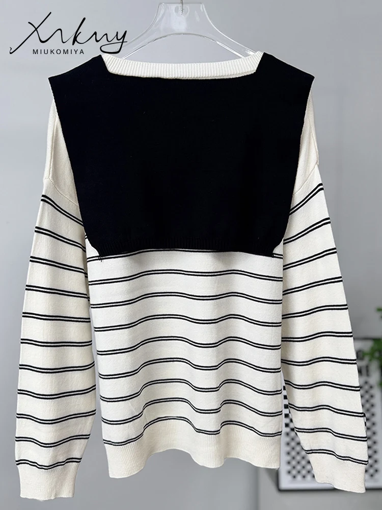 Oversized Striped Sweaters For Women Autumn 2 Sets Sailor Collar Coffee Pullovers Ladies White Jumpers O Neck Warm Sweaters Blue view 6
