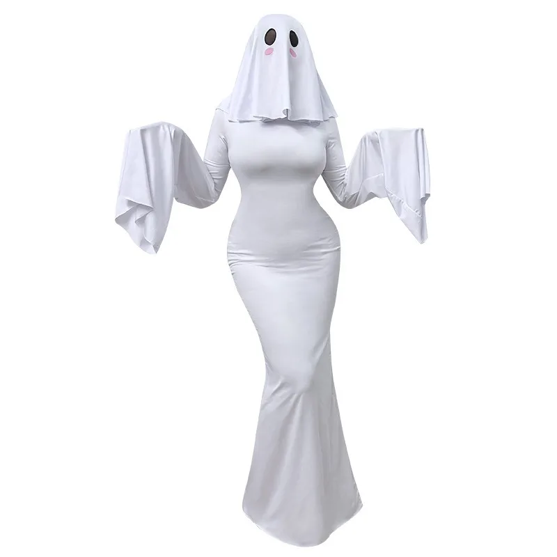 

Ghost Costume Women Apricot Lady Cute Ghost Dress Female Witch Cosplay Halloween White Ghost Dress with Headgear and Bindings