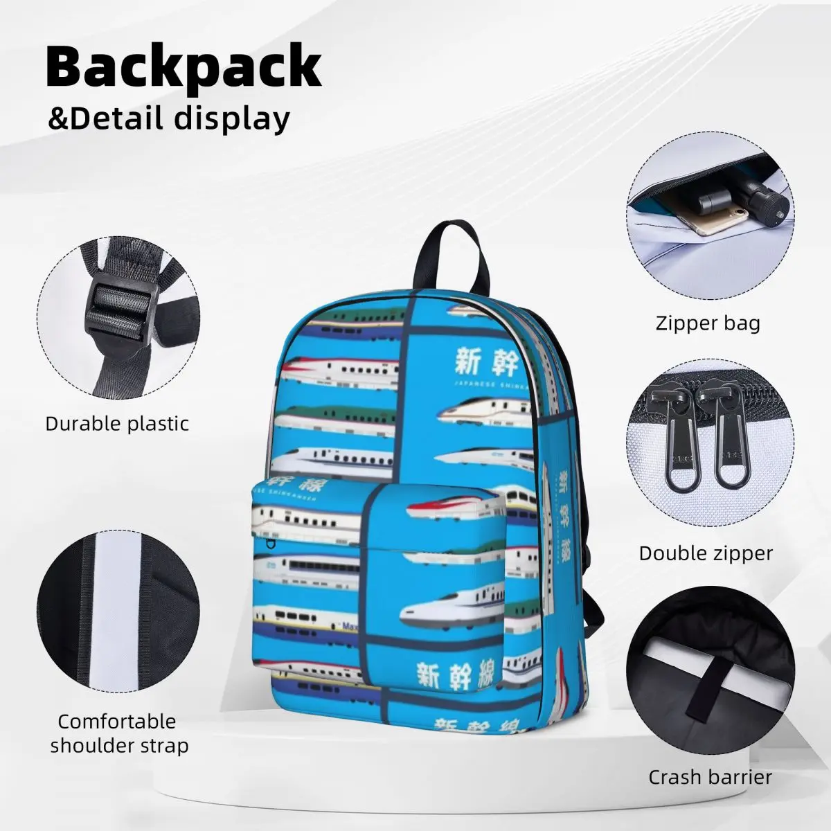 Japanese Shinkansen Bullet Trains - Side View Backpacks Student Book bag Shoulder Bag Travel Rucksack Children School Bag