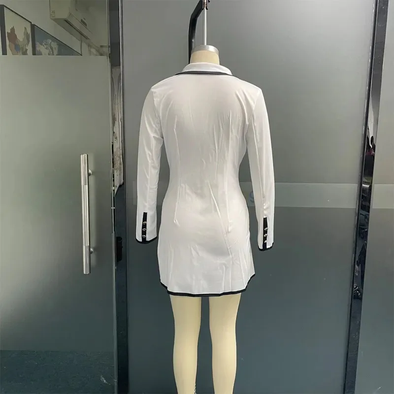 Abiti per le donne 2023 autunno doppio petto Blazer bavero scollo a V manica lunga giacca vestito bianco ufficio femminile Mini abito