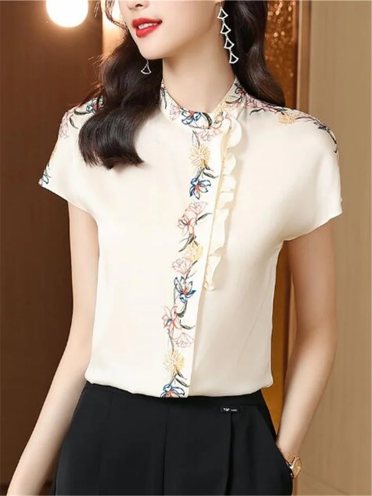 Silk Blouses Short Sleeve For Women Summer Tops Fashion Retro Printed Top Woman Shirt OL Simple Button Shirt Ruffle Female Blous