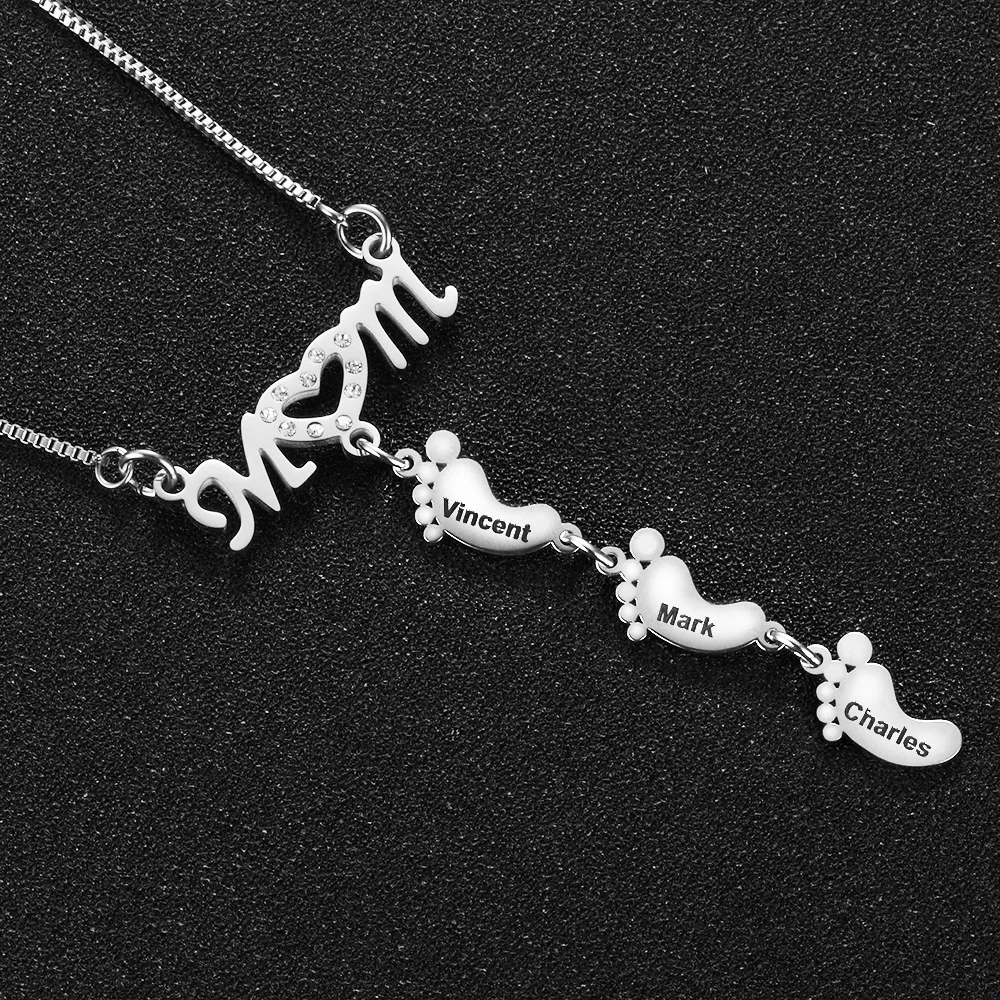 

Trendy Regalos De Madres Custom Name Baby Footprint Kids Feet Pendant Mom Zircon Necklace Family Tree Mothers Gifts Jewelry