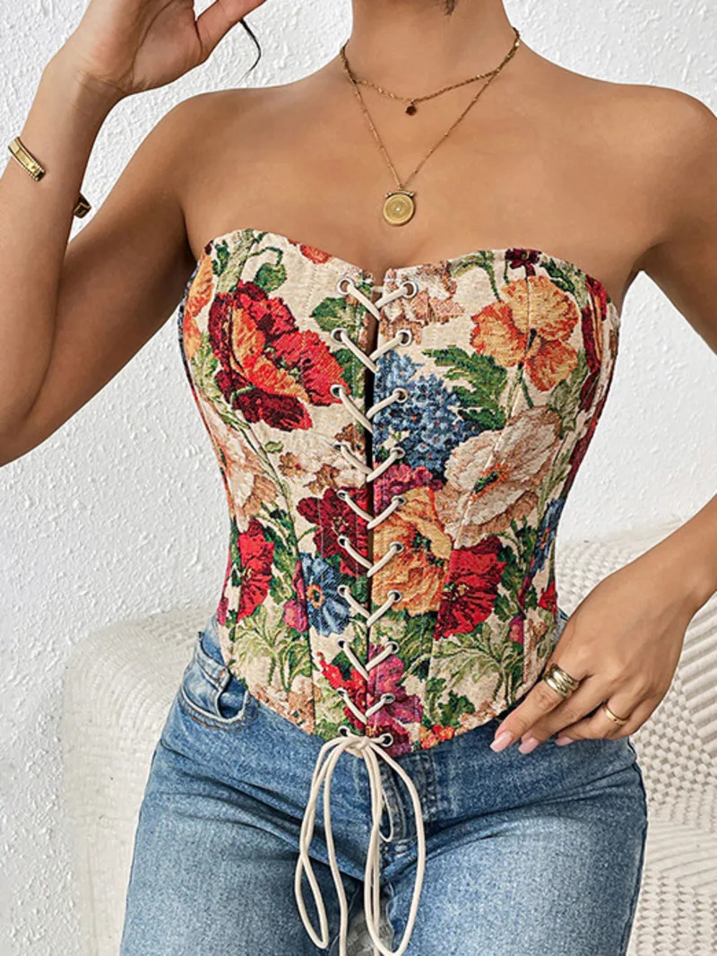 

Французский повседневный модный стильный жилет с рыбьей косточкой без бретелек с цветочным принтом, облегающий топ на шнуровке, уличная ниша с запахом на груди, майка Q1SJ