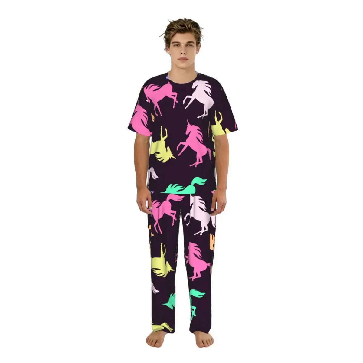 Men Pajamas Set Colorful Unicorn Short Sleeve Spring Summer Lounge Sleepwear Male Nightwear