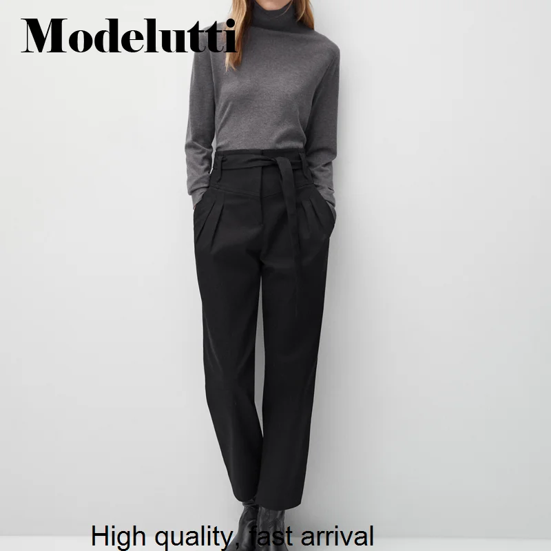 New Spring 2023 Autumn Belt Folds Trousers High Waist Thin Fashion Solid Color Simple Women Casual Pants Female