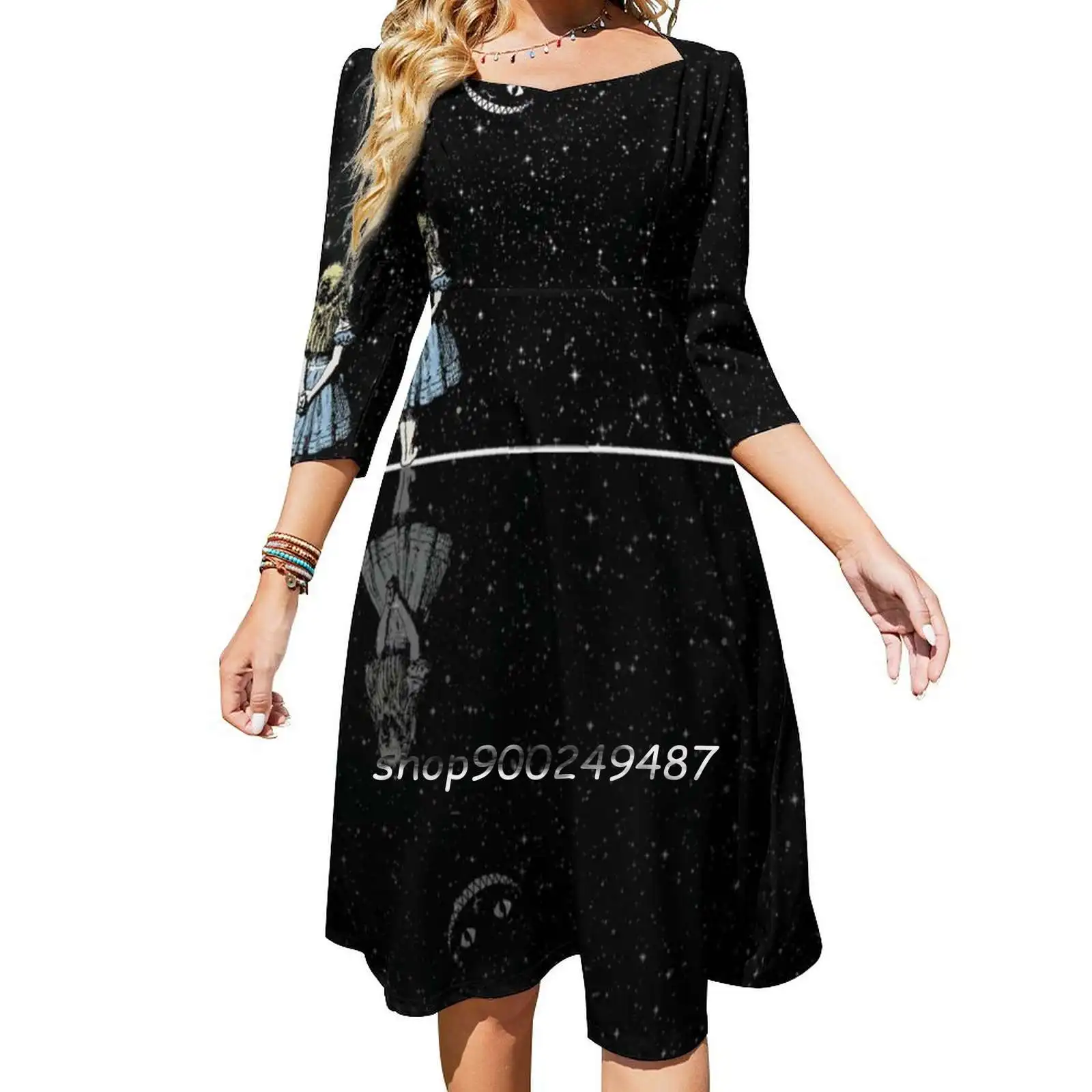 Alice In Starry Night Square Neck Dress Cute Loose Print Dresses Elegant Beach Party Dress Alice In Cat Cheshire Starry Night