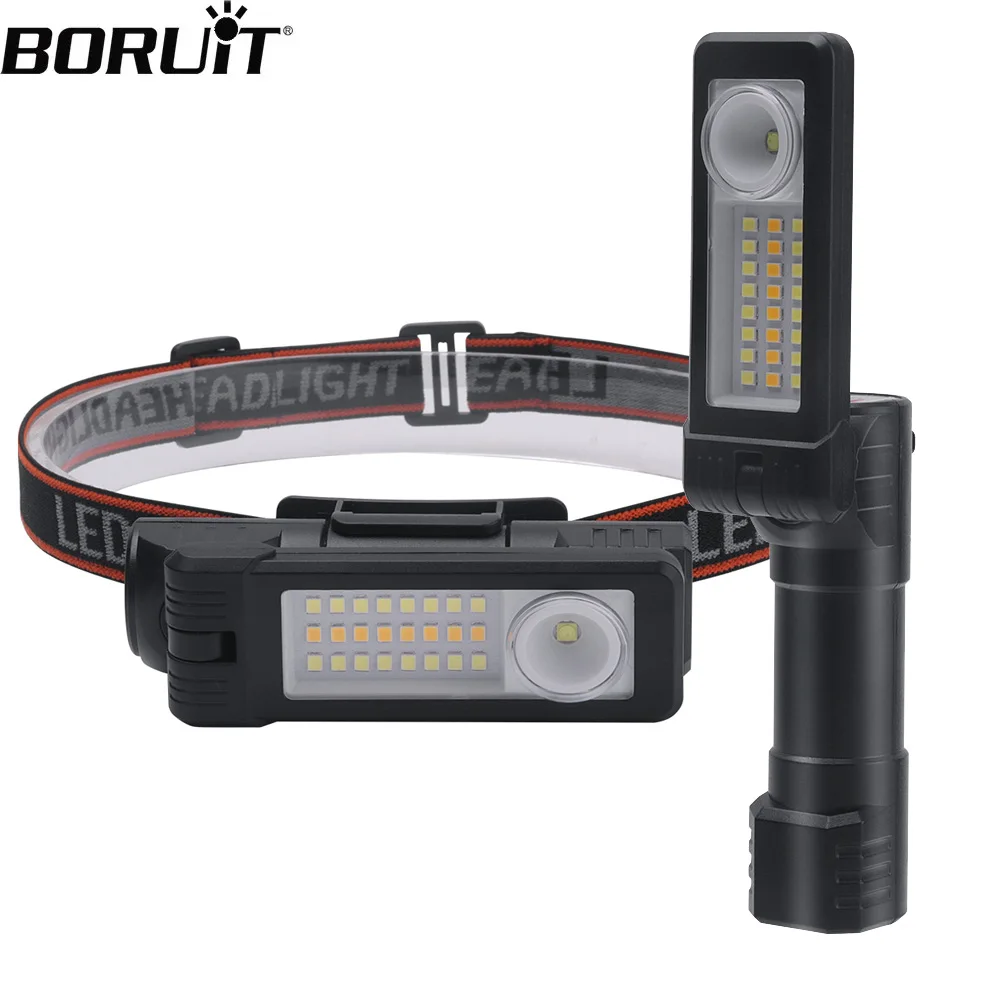 BORUiT Rechargeable LED Headlamp with Built-in Battery Type-C Magnetic Work Light for Outdoor Camping Fishing & Night Repair