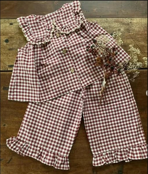 

1-5T Fashion Toddler Girls Summer Outfits Sleeveless Doll Collar Plaid Print Vest Tops Elastic Waist Pants Clothes Set 2Pcs