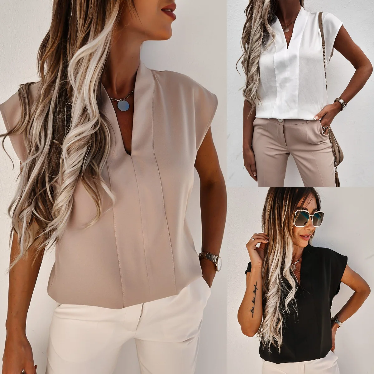 New Solid Casual Loose Sleeveless Blouses For Women Fashion Spring And Summer V-neck Loose Elegant Shirts Women Stitching Top