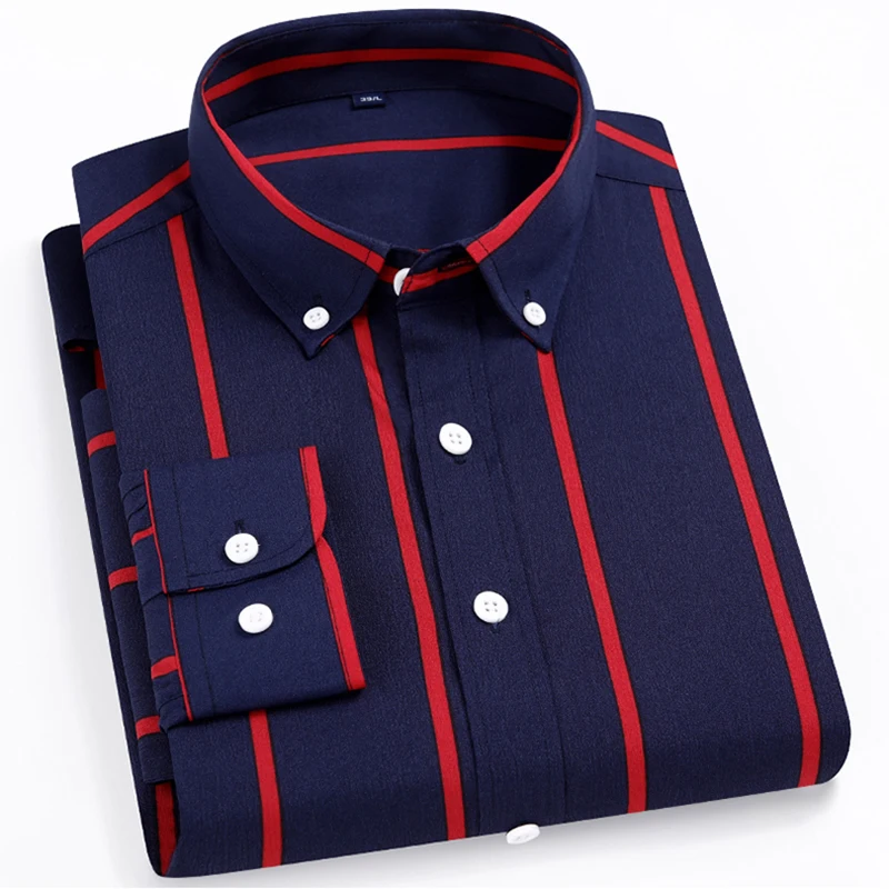 New Stretch Long Sleeve Shirts Men's Striped Korean Fashion Slim Fit Shirts Business Casual Non-iron Comfortable Men's Clothing