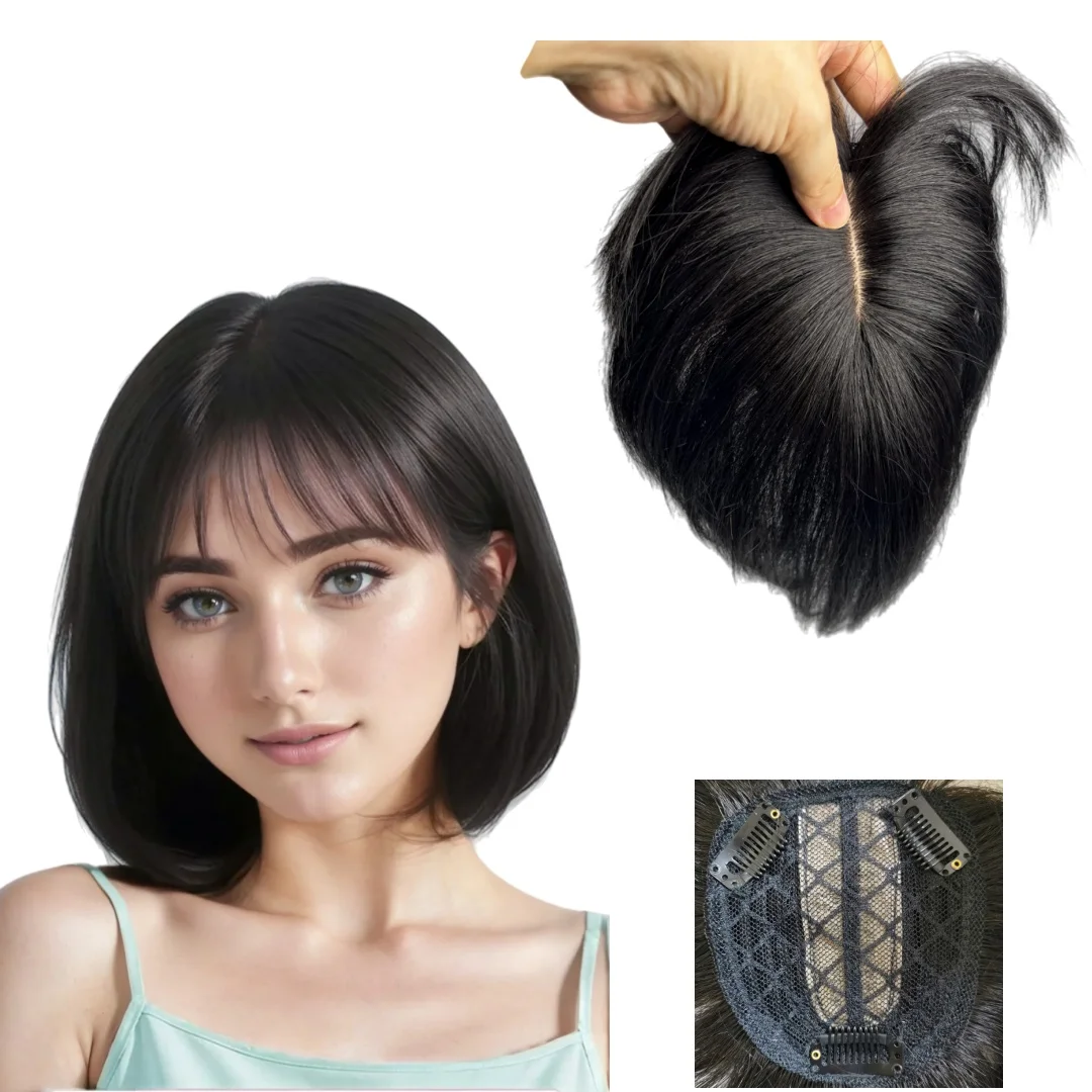 

Invisible Lace Base Human Hair Toppers For Women Clip In Hairpeices With Air Bangs Natural Mid Part Scap Wiglets Cover Hair Loss