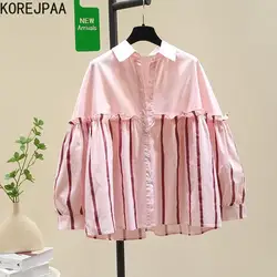 Korejpaa Striped Patchwork Women Shirt 2024 Spring Turn-down Collar Woman Clothing Korean Fashion Lantern Sleeve Tops Mujer