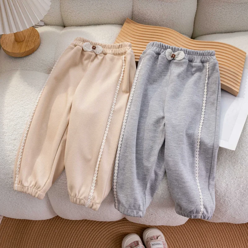 

Kxkm-Little Girl Spring and Autumn Casual All-Match Lace Sweatpants2024New Girls' Sports Western Style Ankle-Tied Trousers