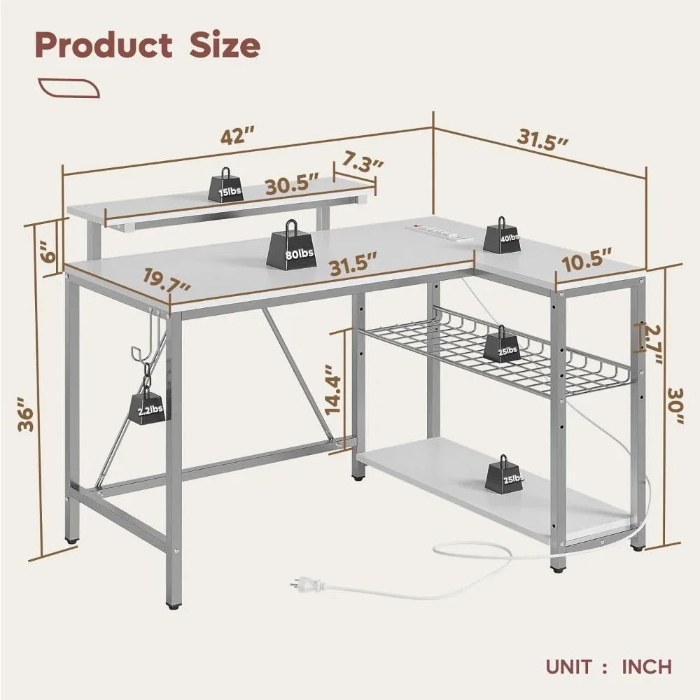 Маленький игровой стол с розетками, 42 L-образный эргономичный компьютерный стол с реверсивными полками, угловой игровой стол
