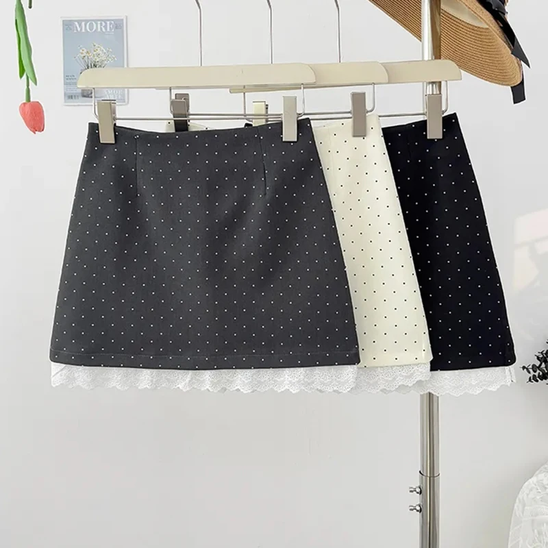 Sweet Polka Dots Mini Skirt Women Summer Lace Patchwork Casual Suit Skirts Korean High Waist A Line Office Lady Zipper Skirt New