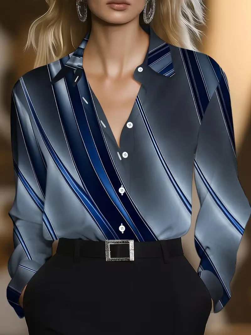 Women's autumn long sleeved lapel button casual top, 3D color stripe gradient printed plus size shirt