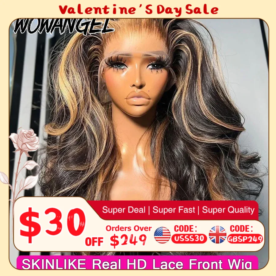 1B27 하이라이트 컬러 가발 13x6 HD 레이스 정면 인간의 머리 가발 34 인치 바디 웨이브 멜트 스킨 13x4 전체 정면 가발 브라질 머리