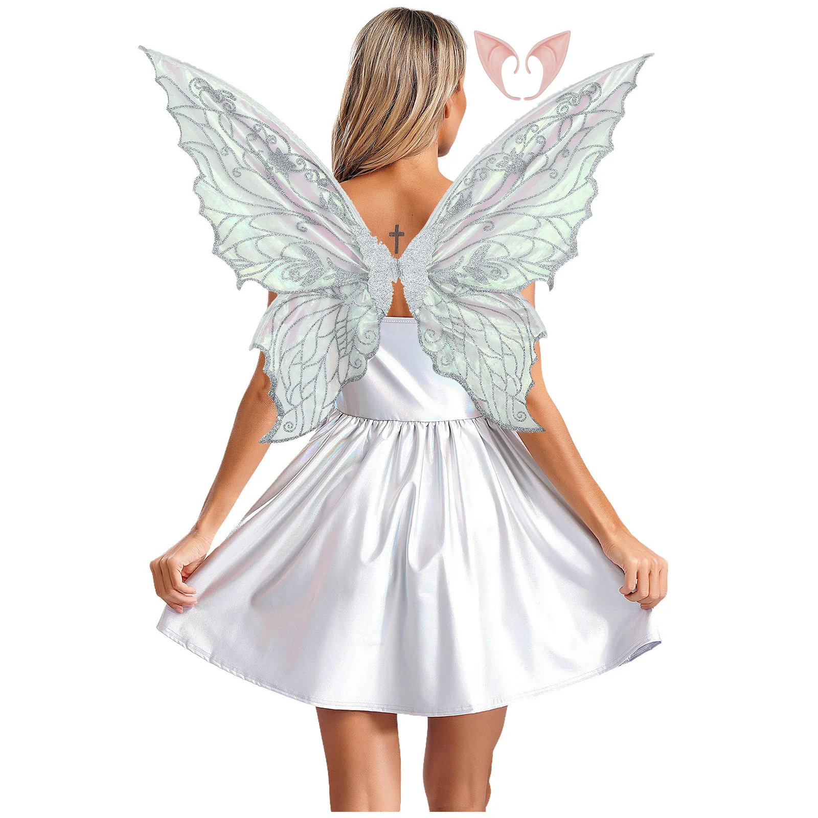 ผู้หญิง Fairy คอสเพลย์เครื่องแต่งกายปีกผีเสื้อ Fairy หู METALLIC ชุดมินิชุด Halloween Carnival Roleplay ชุดแต่งกาย