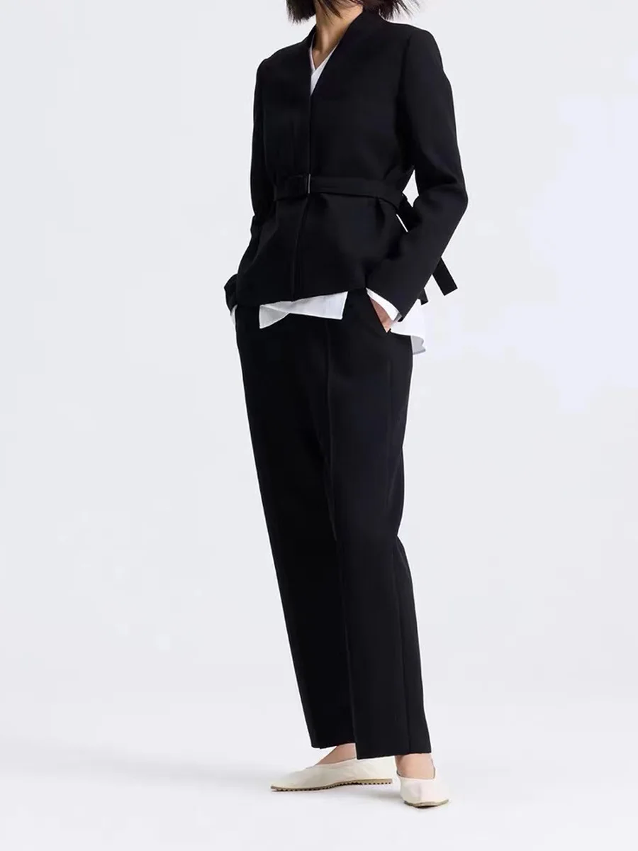 Temperament elegant double-sided composite fabric women's jacket 2024 fall new black simple belt Slim short jacket