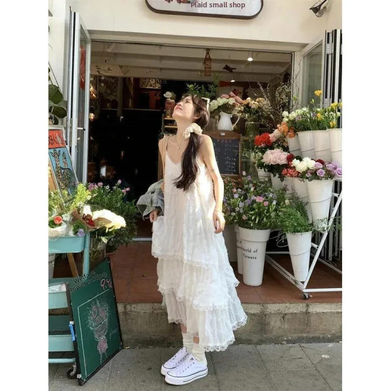 صيف جديد المرأة فستان بحزام عطلة الشاطئ نمط كعكة تنورة فستان شاطئ طويل تصميم الإحساس بلا أكمام مرونة الخصر #3