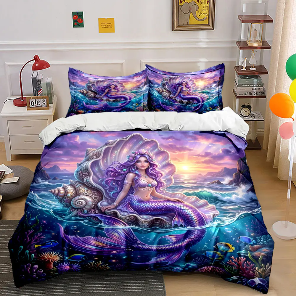 Mermaid on shell at sunset Print Bedding set 3PC 1 duvet cover 2 pillowcases adult and children bedding set Luxury