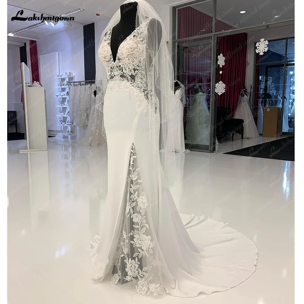 

Vintage Lace Soft Satin Mermaid Wedding Dress Sexy Bridal Gowns Side Split Pluning V Neck Vestido De Noiva Customized