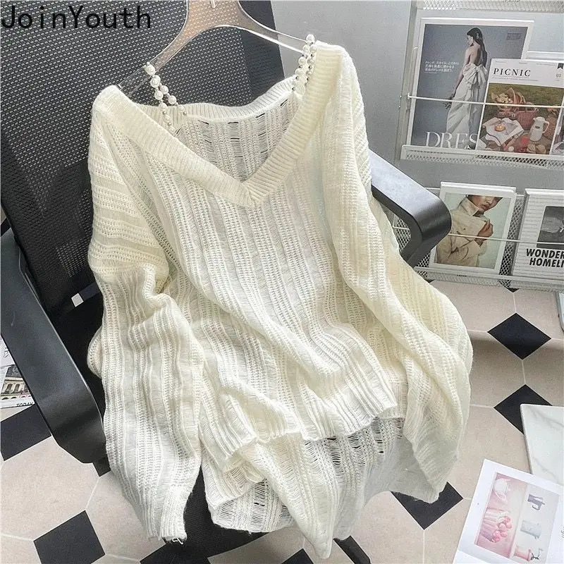 2024 Women Clothing Knit Sweater Off Shoulder Fashion Jumper Pull Femme See Through Thin Casual Pullovers Y2k Tops Sueter Mujer