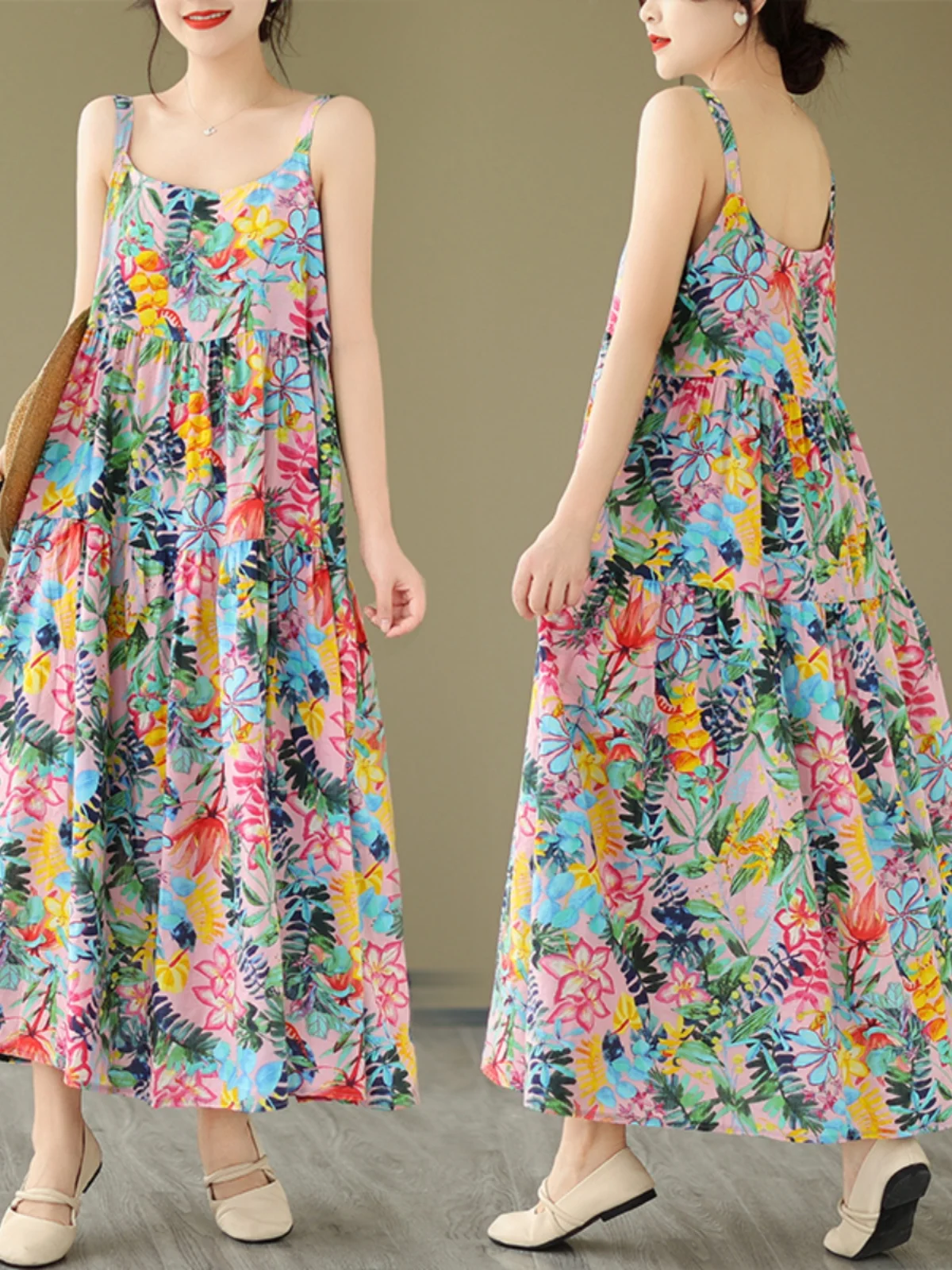 Luźna spódnica damska w kształcie litery A z bawełny i lnu, długa, z nadrukiem, z cienkiego materiału, idealna na lato, do pracy, bez szwów, z kwiatowym wzorem.